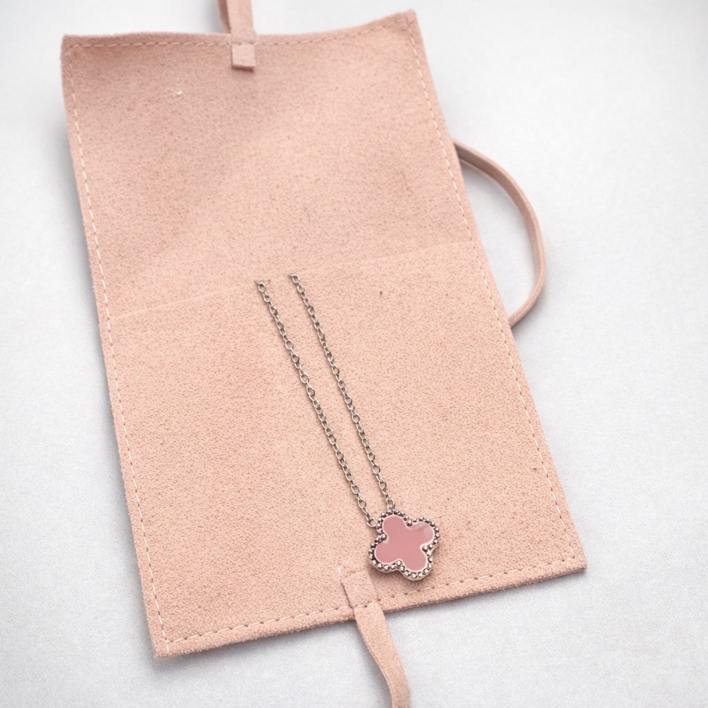 TU.LX Lucky Clover Pendant Necklace with pouch / Pink / Silver NWT
